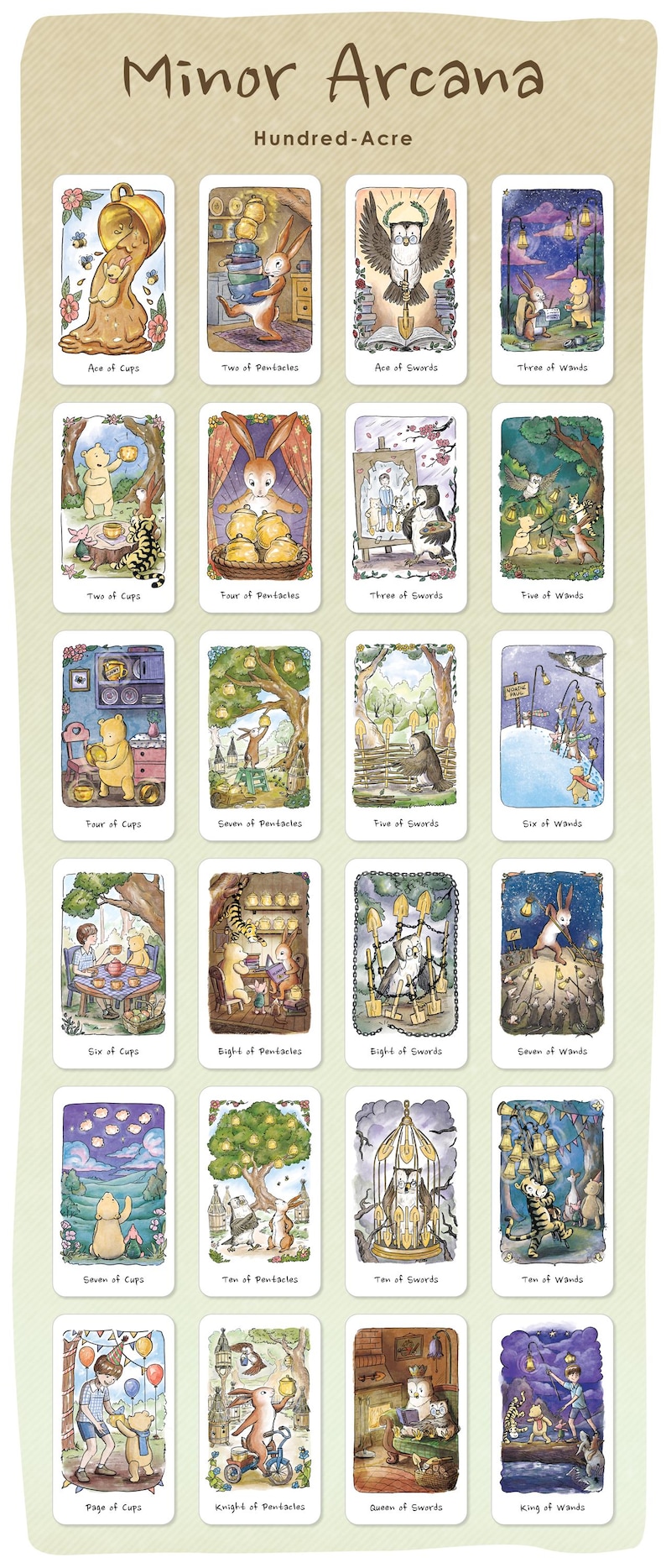 May include: A deck of tarot cards featuring illustrations from the Hundred-Acre Wood. Each card depicts a scene with characters like Winnie the Pooh and friends. The cards are labeled with titles like "Ace of Cups" and "Two of Pentacles."