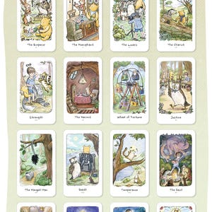 May include: A set of 22 tarot cards featuring illustrations from Hundred-Acre Wood. Each card depicts a scene with characters like Winnie the Pooh, Piglet, and Eeyore, representing Major Arcana archetypes. The cards have a whimsical, storybook style.