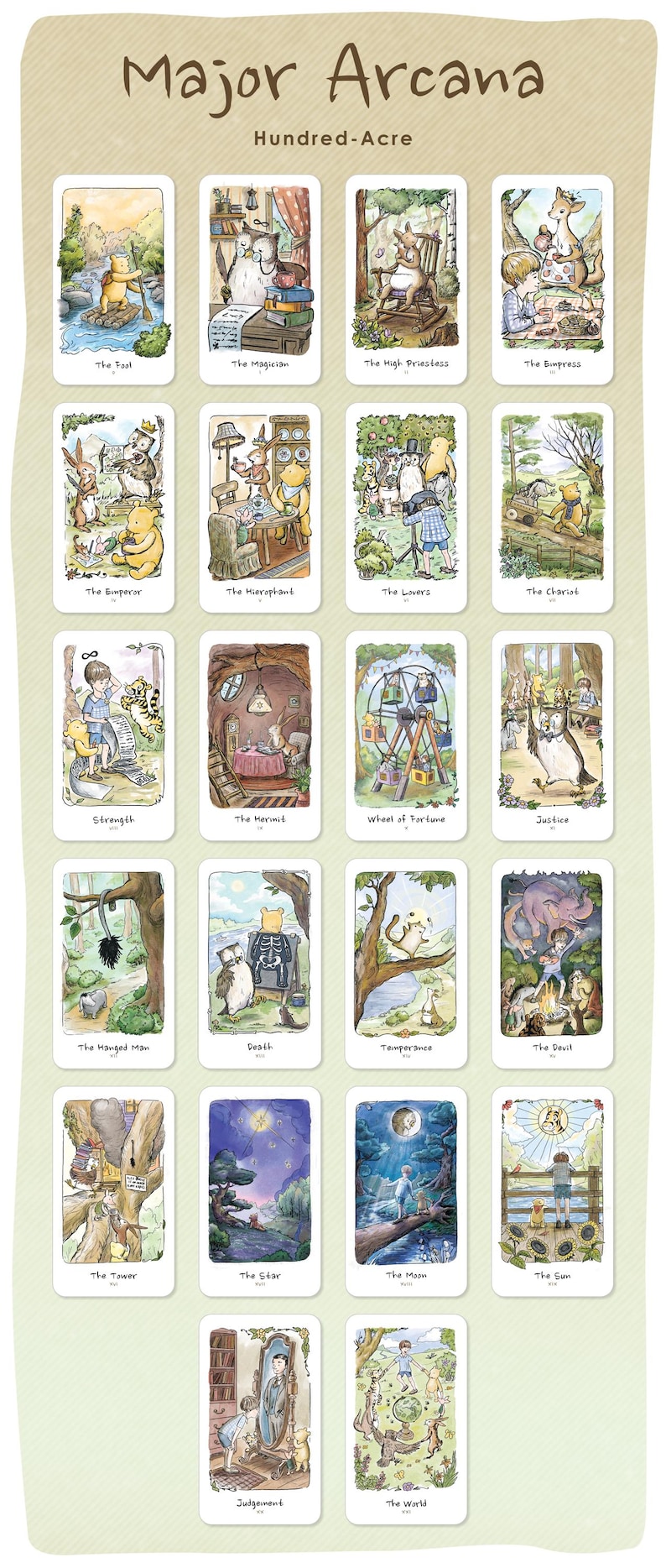 May include: A set of 22 tarot cards featuring illustrations from Hundred-Acre Wood. Each card depicts a scene with characters like Winnie the Pooh, Piglet, and Eeyore, representing Major Arcana archetypes. The cards have a whimsical, storybook style.