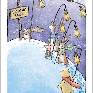 May include: A whimsical illustration of the Six of Wands tarot card. It depicts a snowy scene with animal characters, including a bear, rabbit, and owl, carrying lanterns and walking towards a sign that reads "Northe Paul".