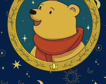 May include: A yellow bear wearing a red scarf is centered within a circular gold frame decorated with leaves. The background is a dark blue field patterned with yellow suns, crescent moons, and four-pointed stars.