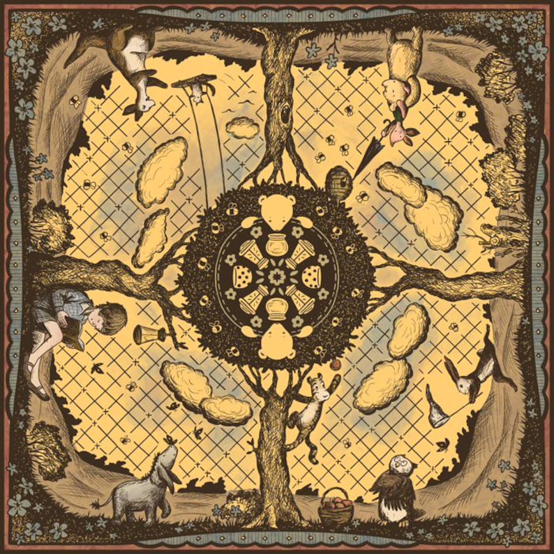 Puede incluir: Ilustraci&oacute;n cuadrada con una escena forestal caprichosa. Un &aacute;rbol central con un dise&ntilde;o en forma de oso est&aacute; rodeado de otros &aacute;rboles, personajes y tarros de miel. La paleta de colores incluye tonos de marr&oacute;n, amarillo y azul, creando una est&eacute;tica vintage.