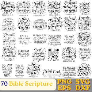 Op de afbeelding: Een verzameling van 30 zwart-wit digitale grafische ontwerpen met diverse bijbelverzen en religieuze citaten in decoratieve kalligrafie. De tekst bevat zinnen zoals Iron sharpens iron, Be still and know that I am God en The Lord is my shepherd, elk vergezeld van de bijbehorende bijbelverwijzing.