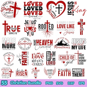Op de afbeelding: Een verzameling van 55 christelijke grafische ontwerpen met rode en zwarte typografie en symbolen. Elementen zijn onder meer kruisen, harten en religieuze zinnen zoals Pray On It, Jesus Is King en Faith Can Move Mountains in diverse lettertypes.