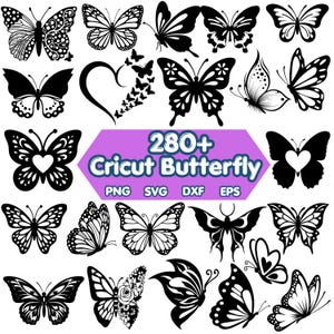Può includere: Una collezione di sagome di farfalle e disegni al tratto in bianco e nero. Al centro si trova un esagono viola con il testo 280+ Cricut Butterfly PNG SVG DXF EPS. L'immagine mostra varie forme e motivi di farfalle.