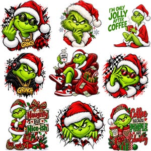 Op de afbeelding: Een verzameling van negen illustraties met een groen personage in een kerstmuts. De ontwerpen tonen het personage met een zonnebril, koptelefoon of koffiemokken met teksten zoals I'M ONLY JOLLY AFTER COFFEE en NAUGHTY BUT NICE-ISH.