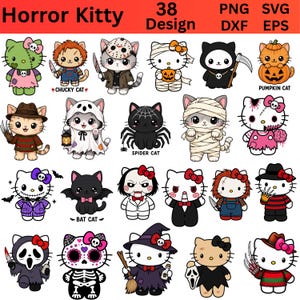 Pode incluir: Uma coleção digital de 38 ilustrações de personagens Horror Kitty com vários gatos vestidos com fantasias de Halloween e temas de terror, incluindo múmias, abóboras e vilões de filmes, com etiquetas de texto Horror Kitty, PNG, SVG, DXF, EPS.