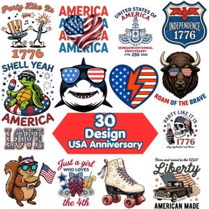 Op de afbeelding: Een collectie van 30 USA jubileumontwerpen met patriottische thema's zoals een schildpad, haai, buffel, eekhoorn, rolschaats en vintage truck. Afbeeldingen bevatten Amerikaanse vlaggen, sterren, strepen en teksten zoals 1776 en America.