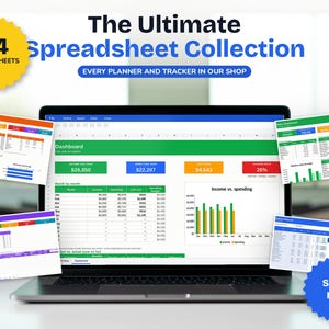 May include: A laptop screen displaying a financial dashboard with tables and bar charts, surrounded by smaller floating spreadsheet windows. Text includes The Ultimate Spreadsheet Collection, 94 Spreadsheets, and Save Big.