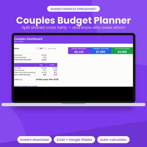 Hoja de cálculo para presupuesto de parejas, registro de gastos compartidos, división de facturas por ingresos o 50/50, plantilla de presupuesto conjunto en Excel y Google Sheets.