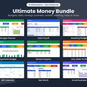 May include: A digital collection titled Ultimate Money Bundle featuring 18 spreadsheets for tracking budgets, debt, savings, business, rentals, weddings, and babies. The display shows nine colorful dashboard interfaces with charts, tables, and financial data.