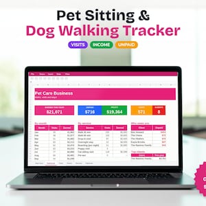 May include: A digital Pet Sitting & Dog Walking Tracker spreadsheet displayed on a laptop screen. The interface features pink, blue, green, and orange sections for tracking visits, income, and unpaid balances for a pet care business.
