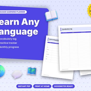 Puede incluir: Un planificador de aprendizaje de idiomas con una cubierta morada que muestra el texto Learn Any Language, Vocabulary log, Practice tracker y Monthly progress. Incluye páginas impresas para vocabulario y conjugación, con iconos de globo, mapa y libro.