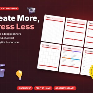 May include: A digital YouTube and blog planner set featuring six white pages with red headers and lines. Text includes Create More, Stress Less, Video & blog planners, Upload checklist, Analytics & sponsors, and a yellow starburst with 40 IDEAS.