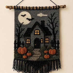 Mönster för virkad väggbonad med spökstuga, Halloween-dekor med månen och fladdermöss (PDF-mönster)