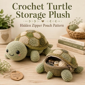 May include: Two crochet turtle storage plush toys in shades of green and beige. One turtle is closed, while the other is open, revealing a hidden zipper pouch containing small sewing tools. Text reads: Crochet Turtle Storage Plush Hidden Zipper Pouch Pattern.