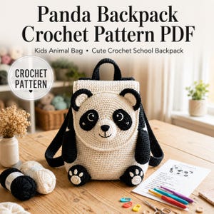 Mönster för virkad ryggsäck med pandamotiv, djurväska för barn, nybörjare i PDF-format (digital nedladdning).