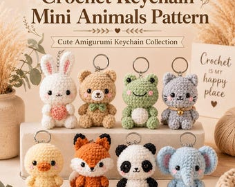 Mini Animal Keychain Crochet Pattern Bundle, 8 Amigurumi Animals PDF, Beginner Digital Download