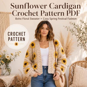 Pode incluir: Um cardigã de crochê bege com um padrão de girassóis com centros castanho-escuros e pétalas amarelas. A peça tem mangas compridas, uma abertura frontal canelada e é usada sobre um top branco. Texto: Sunflower Cardigan Crochet Pattern PDF.