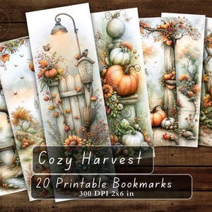 May include: A collection of vertical bookmarks featuring autumn-themed illustrations of pumpkins, fall foliage, lanterns, and garden scenes. The text on the image reads Cozy Harvest 20 Printable Bookmarks 300 DPI 2x6 in, showcasing various seasonal designs.