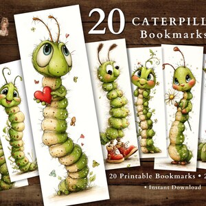 Puede incluir: Conjunto de 20 marcapáginas de orugas, cada uno con un diseño único y caprichoso de oruga verde. Los marcapáginas miden 5,08 cm x 15,24 cm e incluyen el texto "20 CATERPILLAR Bookmarks" y "20 Printable Bookmarks".