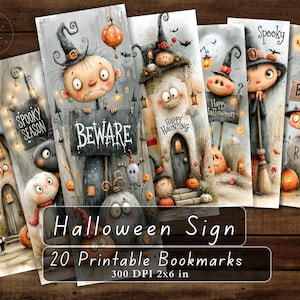 May include: A collection of vertical rectangular bookmarks featuring Halloween-themed illustrations of ghosts, witches, pumpkins, and haunted houses with text including Spooky Season, Beware, Happy Haunting, Happy Halloween, Spooky, and RIP.
