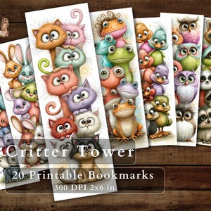 Pode incluir: Uma coleção de 20 marcadores imprimíveis com pilhas de animais de desenho animado coloridos. Os marcadores mostram vários animais, incluindo gatos, sapos, corujas e guaxinins. O texto "Critter Tower" e as dimensões são visíveis.
