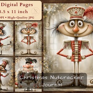 Puede incluir: Una colección digital de 50 páginas con ilustraciones de personajes cascanueces en uniformes rojos y blancos con sombreros altos y bigotes rizados. El texto dice 50 Digital Pages, 8.5 x 11 inch, 300 DPI, High-Quality JPG y Christmas Nutcracker Journal.
