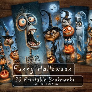 May include: A collection of twenty printable bookmarks featuring whimsical Halloween illustrations of skeletons, witches, ghosts, and jack-o'-lanterns in a dark blue night setting. The text reads Funny Halloween 20 Printable Bookmarks 300 DPI 2x6 in.