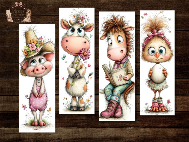 20 Farm Animals Bookmarks Printable Set, Cow Pig Chicken Sheep Horse ...