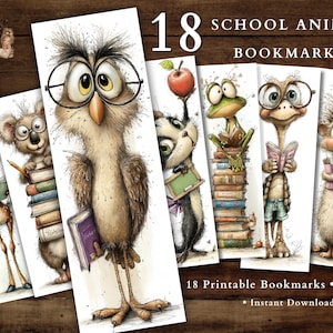 Puede incluir: Conjunto de 18 marcapáginas de animales escolares, cada uno con un animal ilustrado con gafas y sosteniendo libros o útiles escolares. Los marcapáginas miden 5 x 15 cm e incluyen el texto "18 School Animals Bookmarks".