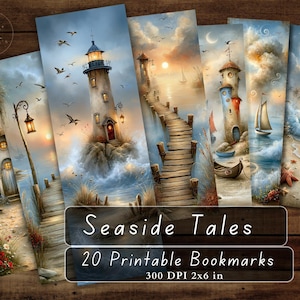 Può includere: Una collezione di segnalibri verticali con illustrazioni costiere di fari, moli in legno, barche a vela e paesaggi marini. Il testo recita Seaside Tales, 20 Printable Bookmarks, 300 DPI 2x6 in. I disegni presentano tonalità tenui di blu, arancione e sabbia.