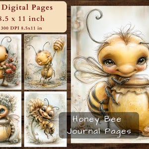 Puede incluir: Páginas de diario digital con ilustraciones caprichosas de abejas. Las páginas miden 21,6 x 27,9 cm, con el texto "32 Digital Pages" y "Honey Bee Journal Pages". Las ilustraciones incluyen abejas con tarros de miel y cestas de frutas.