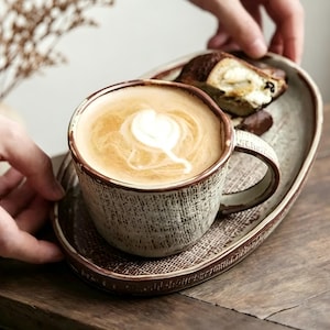 Juego de taza de café de cerámica rústica, taza de cerámica hecha a mano con platillo, taza de café con leche vintage de 300 ml, taza de té Wabi Sabi, taza de café de estilo rústico.