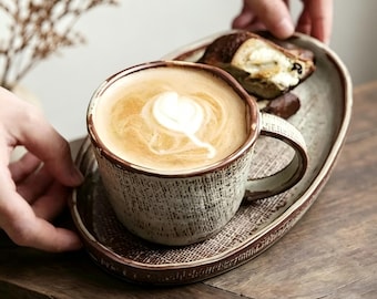 Juego de taza de café de cerámica rústica, taza de cerámica hecha a mano con platillo, taza de café con leche vintage de 300 ml, taza de té Wabi Sabi, taza de café de estilo rústico.