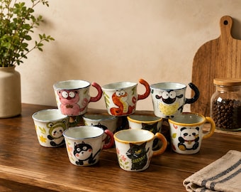 Taza de cerámica con imágenes de animales personalizables, taza de café hecha a mano con diseño de animales adorables, taza de dibujos animados, regalo para amantes del café, decoración de cocina.
