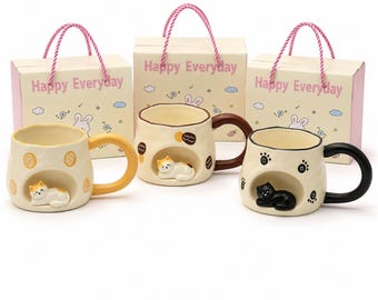 Taza de cerámica con diseño de gato adorable, taza de café con gato durmiendo en 3D, taza de té kawaii, regalo para amantes de los gatos, taza acogedora para la oficina de 355 ml.