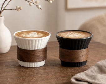 Minimalist Ceramic Coffee Cup, 220ml Textured Tea Cup with Wood Sleeve, Handleless Latte Cup, Modern Small Mug, Gift for Coffee Lover