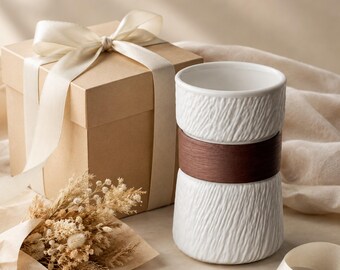 Modern Textured Ceramic Cup, 14 oz Coffee Tumbler, Minimalist Tea Cup, Wood Look Mug, Office Cup, Gift for Coffee Lover