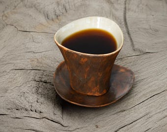 Handmade ceramic coffee cup with saucer, vintage brown ceramic cup, exquisitely crafted coffee/tea cup gift.