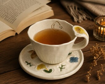 Juego de taza de té de cerámica rústica hecha a mano con platillo, taza de café de 250 ml, taza de cerámica botánica, regalo acogedor de estilo cottagecore para bebidas
