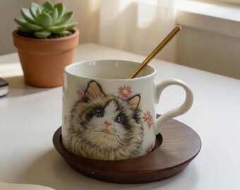 Taza de cerámica personalizada pintada a mano con retrato de gato, taza de café con ilustración original, tu gato como obra de arte.