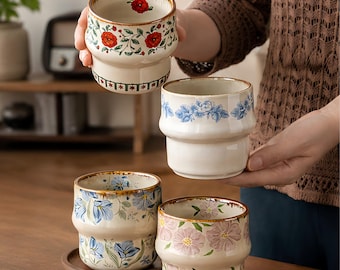 Taza de café de cerámica vintage con estampado floral, taza artesanal estilo cottagecore, taza de té de estilo japonés, taza de café con leche rústica, regalo estético para amantes del café.