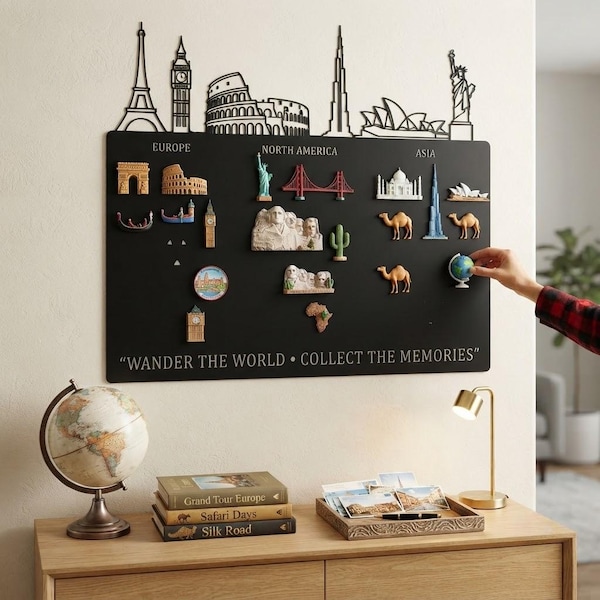 Travel Magnet Display Board, World Travel Tracker, Metal Magnet Board Wall Decor, Wanderlust Gift, Vacation Memory Display