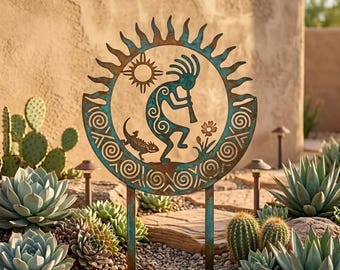 Südwestlicher Kokopelli-Gartenpfahl, Wüsten-Metall-Yard-Kunst, südwestliches Außendekor, rustikales Gartengeschenk