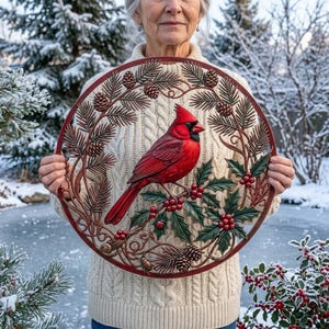 May include: A round, red and brown decorative wall hanging featuring a detailed carving of a red cardinal bird perched on a holly branch. The design includes pine needles, pine cones, and berries, creating a festive winter theme.