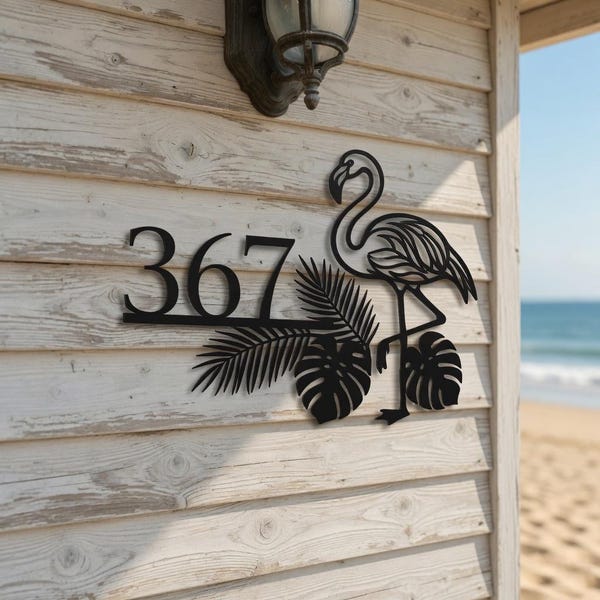 Metal Flamingo House Number Sign 367 Tropical Address Plaque Outdoor Coastal Wall Decor Custom Home Sign
