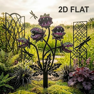May include: A black metal garden stake featuring a stylized plant with open-mouthed flower heads and dragonfly accents. The flowers have purple and green coloring with sharp teeth. The text "2D FLAT" is visible.