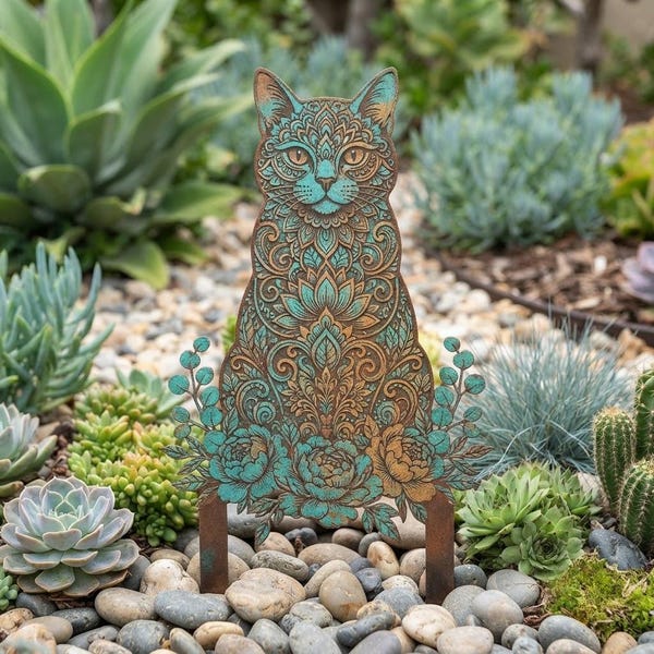 Cat Garden Stake, Metal Cat Yard Art, Floral Cat Garden Decor, Outdoor Metal Cat Statue, Cat Lover Gift, Patio Decor