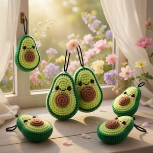 May include: A collection of handmade crochet avocado ornaments. Each avocado has a green exterior, a brown seed, and a smiling face. Some are hanging, others are resting on a wooden surface near a window with flowers.